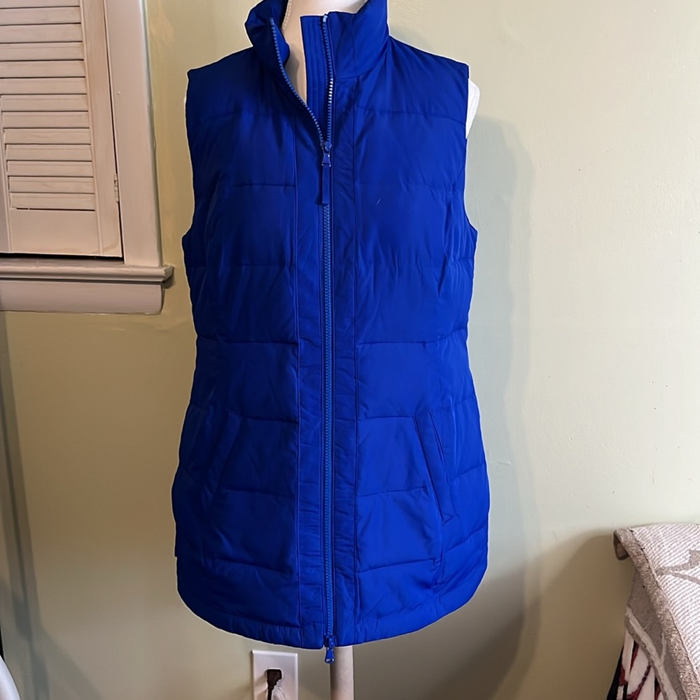 Talbots royal blue longline puffer front pockets curved hem zip up vest jacket